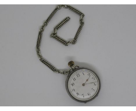 Small silver cased Victorian fob watch with white enamel dial having Arabic numerals and alternating link chain (at fault) 