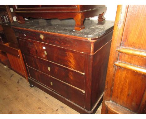 19th Century French walnut commode chest with a grey flecked marble top above four long drawers, raised on moulded feet 