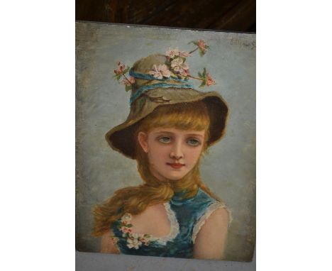 Emile Eisman Semenowsky, oil on panel, portrait of a girl wearing a blue dress and floral trimmed hat, signed, 9.5ins x 7.5in