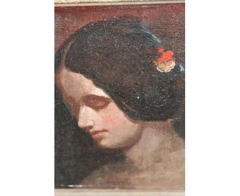 19th Century oil on canvas applied to board, portrait of a girl with rose headdress, 7ins x 5ins, gilt framed 