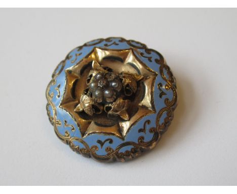Victorian circular enamel decorated brooch set seed pearls and a diamond chip (minus one seed pearl and clip) 