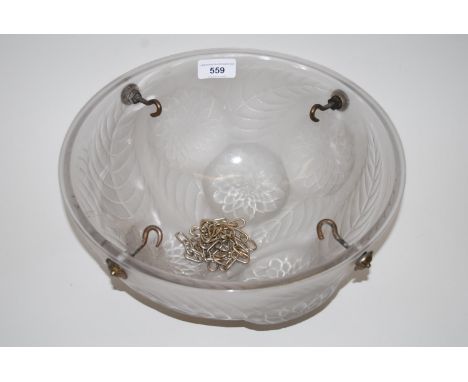 Lalique frosted glass light bowl of deep circular design decorated in relief with chrysanthemum flowers, real etched mark R. 