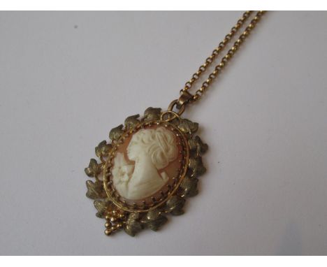 9ct Gold mounted carved shell cameo portrait pendant, suspended from an unmarked chain 