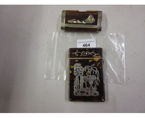 19th Century silver inlaid tortoiseshell visiting card case together with a small metal mounted wooden snuff box and a small 