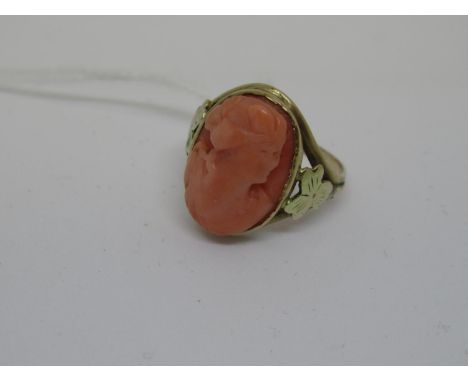 10ct Yellow gold ring set oval carved coral portrait 