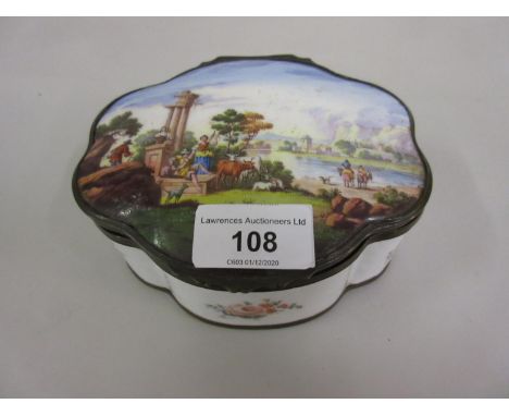 18th / 19th Century Staffordshire shaped oval enamel box, the cover decorated with figures by ruins in a Continental landscap