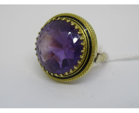 Victorian 9ct gold ring set with a large circular amethyst and enamel decorated border 