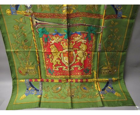 Hermes ' Dieu et Mon Droit ' ladies green silk scarf, 90cms square (unboxed) 