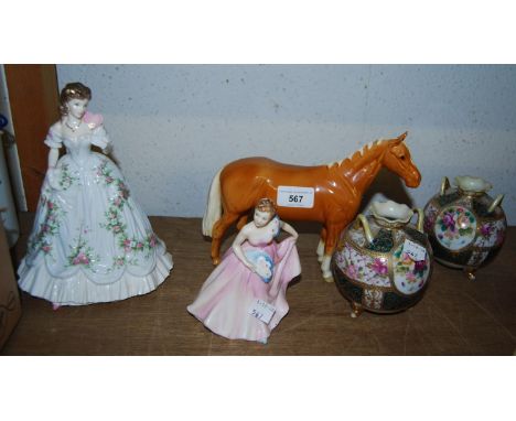 Beswick figure of a horse, pair of Noritake vases, Doulton figure ' Invitation ' and a Worcester figure  'Queen of Hearts ' 