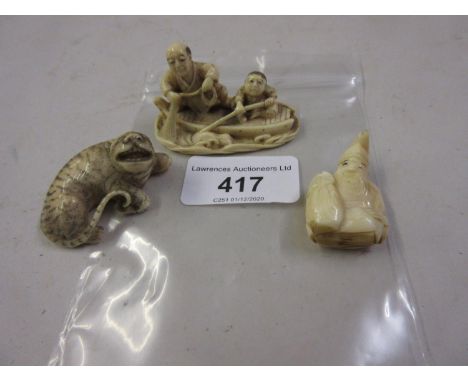 Japanese Meiji Period carved ivory netsuke in the form of a tradesman, together with another of a man with a sack over his sh