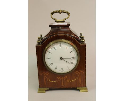 Small Edwardian mahogany marquetry inlaid and brass mounted mantel clock, the enamel dial with Arabic and Roman numerals and 