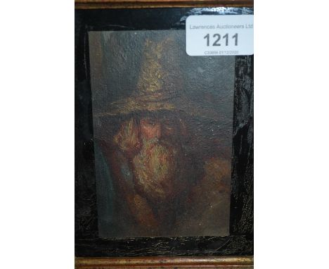 Small antique oil on board, portrait of a bearded figure wearing a hat, 4.75ins x 3ins, gilt framed together with an oil on p