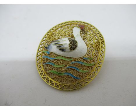 Chinese oval silver gilt brooch enamel decorated with a bird 