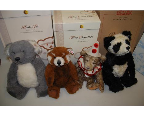 Group of four Steiff boxed soft toys, Panda Bear 661013, Teddy Clown 404214, Red Panda 663253 and Koala 661792 