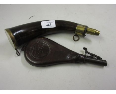 Antique brass mounted powder horn together with an antique leather shot flask 