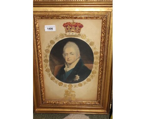 19th Century coloured stipple engraving, portrait of George IV, the mount gilt impressed with George and the Dragon and a cro