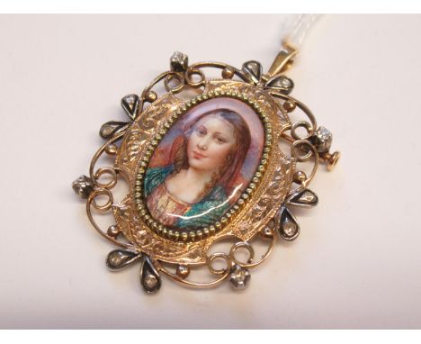 19th Century Continental gold and diamond set pendant locket inset with an oval painted enamel portrait of a lady 