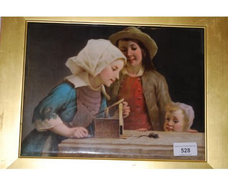 19th Century Continental porcelain plaque painted with three children playing with a mouse trap, unsigned, 8.75ins x 11.75ins