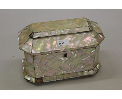 Victorian mother of pearl sarcophagus shaped tea caddy (for restoration), together with a similar spectacle case 