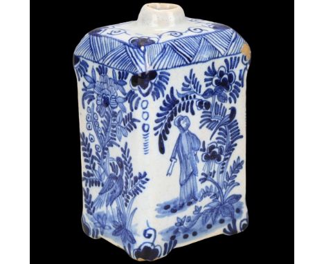 Delft blue and white pottery square-section flask, height 12cm Surface glaze chip on 1 shoulder, and glaze chips under the fo