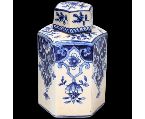 Delft blue and white pottery faience pottery tea caddy of hexagonal form, height 13cm Fine hairline crack across the shoulder