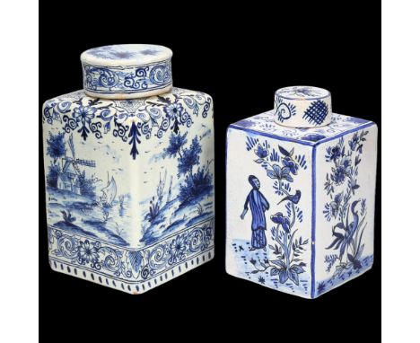 Delft blue and white pottery tea caddy, 13.5cm, and smaller caddy decorated with Oriental figures, height 11.5cm Larger caddy