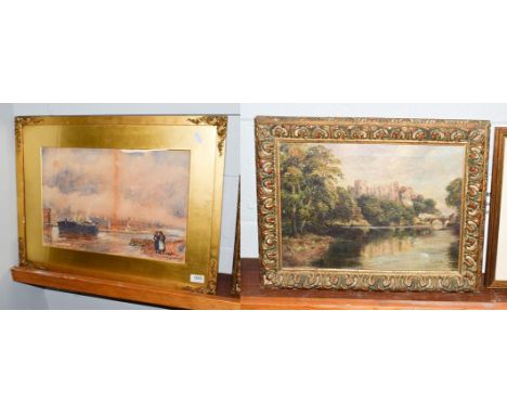 R. Sinclare (19/20th century) Barnard Castle from the river, signed, oil on canvas 24cm by 34cm, together with John William B