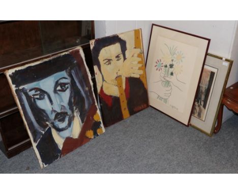 French school (20th century) Man playing flute, indistinctly signed, oil on canvas, together with a further work likely by th