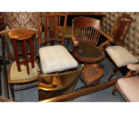 A mahogany swivel desk chair, a Victorian bedroom armchair, a pair of inlaid dining chairs, a single chair, inlaid torchere, 