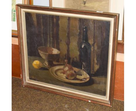 Ronald Allen, still life with a lemon and a bottle of wine, signed oil on canvas, 49.5cm by 60cm 