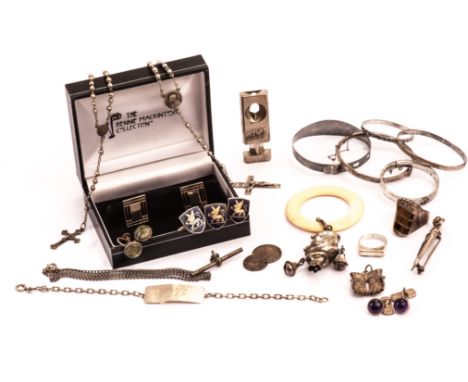 A collection of silver and white metal jewellery and other items, including a childs Mr Punch rattle, a Scottish silver and h