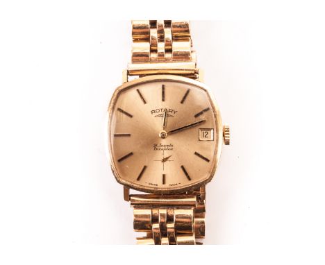A 9ct gold Rotary gentleman’s wristwatch, having squared case and dial with baton numerals and date apeture, on a 9ct gold br