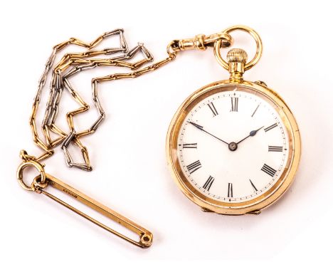An 18ct gold open faced lady’s fob watch, having white enamel dial with Roman numerals, marked to back and dust cover, presen
