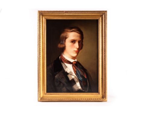A late 19th century oil on canvas portrait, of a young dandy, pictured in his unversity college tie and jacket, auction house