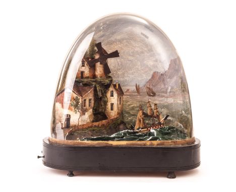 A Victorian automaton diarama, with oval mechanical music base having clockwork music box supporting a painted scene of ship 