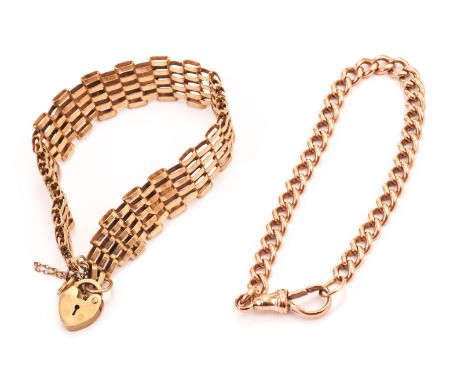 A vintage 9ct gold part watch chain bracelet, having hallmarked curb links united by its watch clasp, together with a 9ct gol