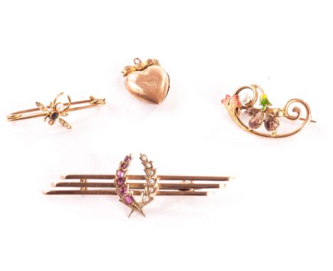 A 9ct three bar brooch with pearl and diamond laurel wreath, an Art Nouveau enamel and pearl brooch, a sapphire and pearl ins