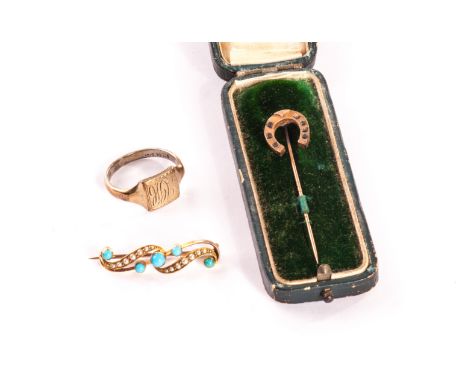 A Victorian gold brooch, set with seed pearls and turquoise beads, together with a horseshoe stick pin in case and a silver s