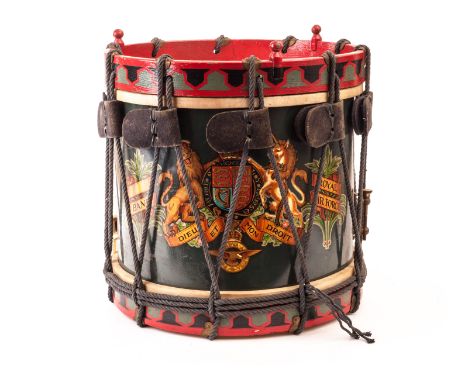A vintage RAF processional marching band drum, the brass surround with painted panel with coat of arms and marked Royal Air F