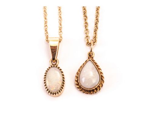 Two 9ct gold and opal pendants, one oval and one tear drop shaped, both with chain link necklaces (4) 