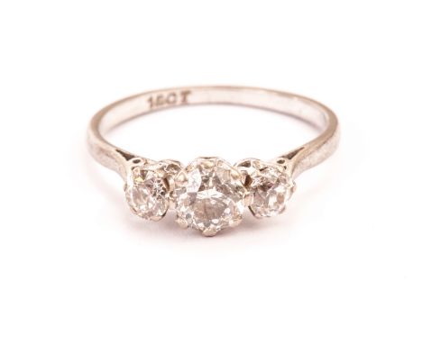 A vintage 18ct white gold three stone diamond ring, marked to the shank and with approx. 1.2ct of old cut diamonds 