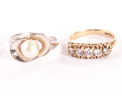 A 9ct gold five stone engagement ring, with old cut stones (diamond or white sapphire), and Chinese solitaire pearl ring (2) 