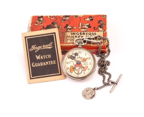 A 1936 ‘Bearded Mickey’ Ingersoll pocket watch, on plated watch chain with US style coin, with original box and Ingersoll Gua