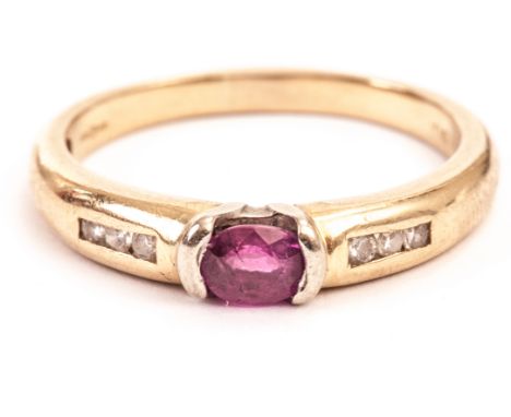 An 18ct gold and gem set ring, having an oval cut ruby on white torsion style mount, having three channel set diamonds to eac