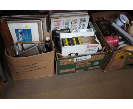 Three boxes of various sundries to include LP's, banjo barometer, coal box etc. 