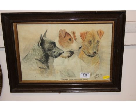 An oak framed watercolour study depicting Scotch, English &amp; Irish terriers