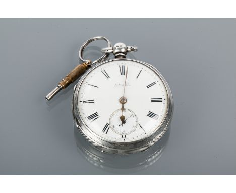 LARGE SIZE STERLING SILVER GENTLEMAN'S FUSEE POCKET WATCH
the white enamel dial with Roman numerals, gilt hands, signed key w