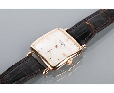 OUTSTANDING GENTLEMAN'S EIGHTEEN CARAT ROSE GOLD PATEK PHILIPPE WRISTWATCH
the silvered square dial with eighteen carat gold 