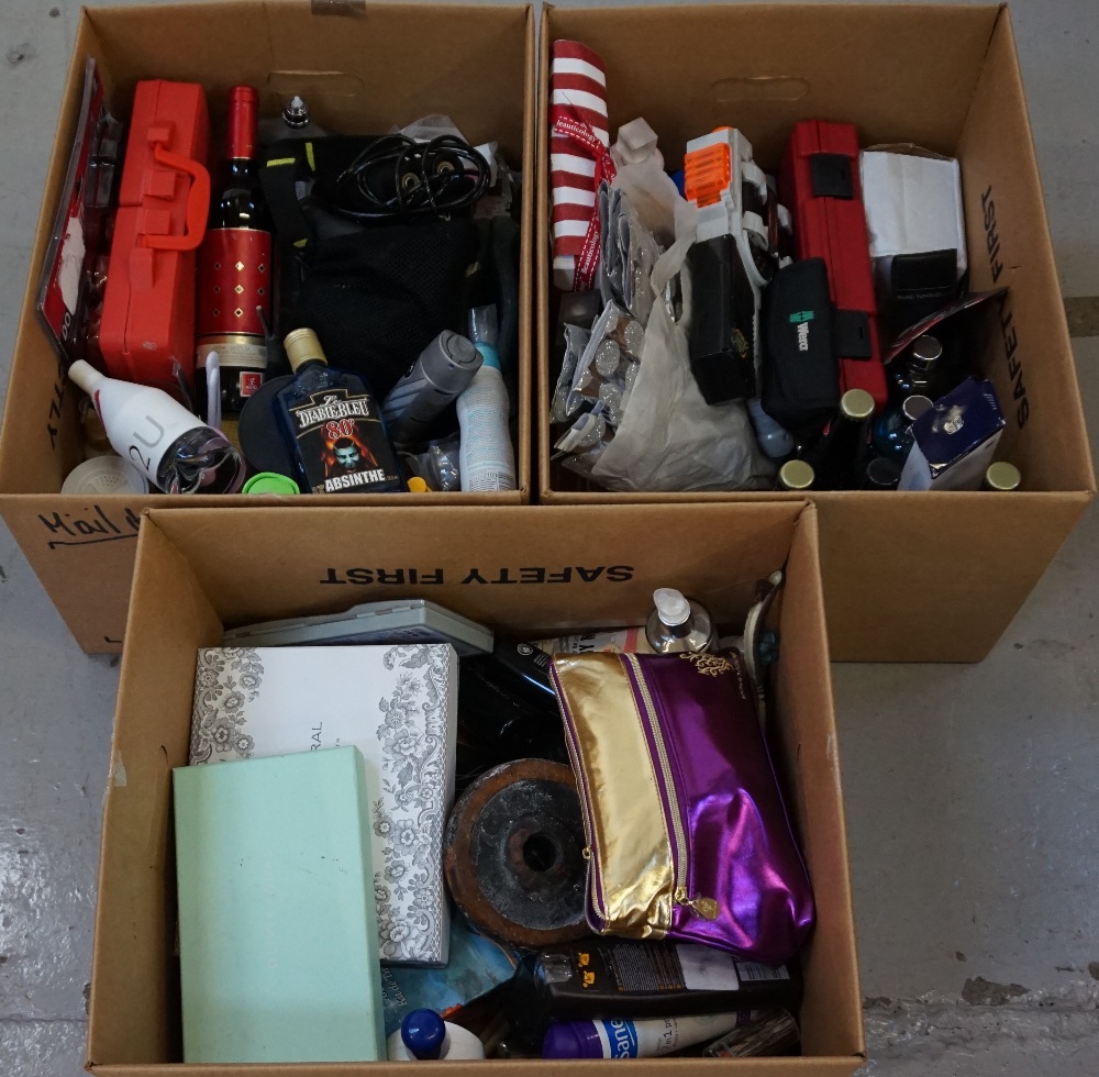 THREE BOXES OF MISCELLANEOUS ITEMS including toiletries, tools, toys ...