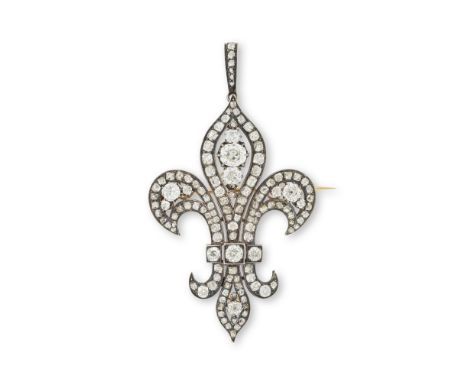 BROCHE/PENDENTIF 'FLEUR DE LYS' SAPHIRS ET DIAMANTS À TRANSFORMATION, 19E SIECLEFormant une fleur de lys stylisée, sertie sur